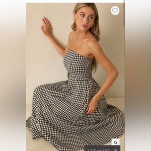 Houndstooth strapless midi dress